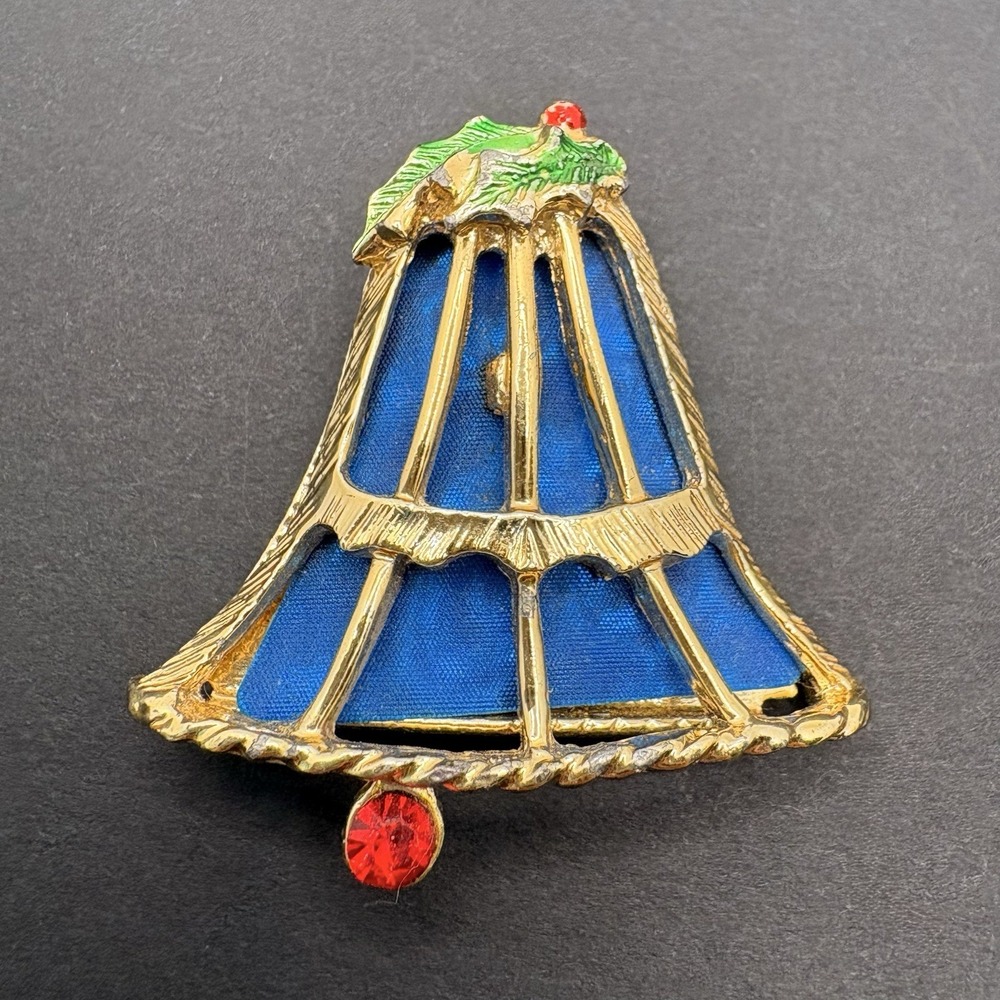 Vintage Beatrix BJ Bell Brooch Rhinestone Holly Leaves Gold Tone Blue Christmas